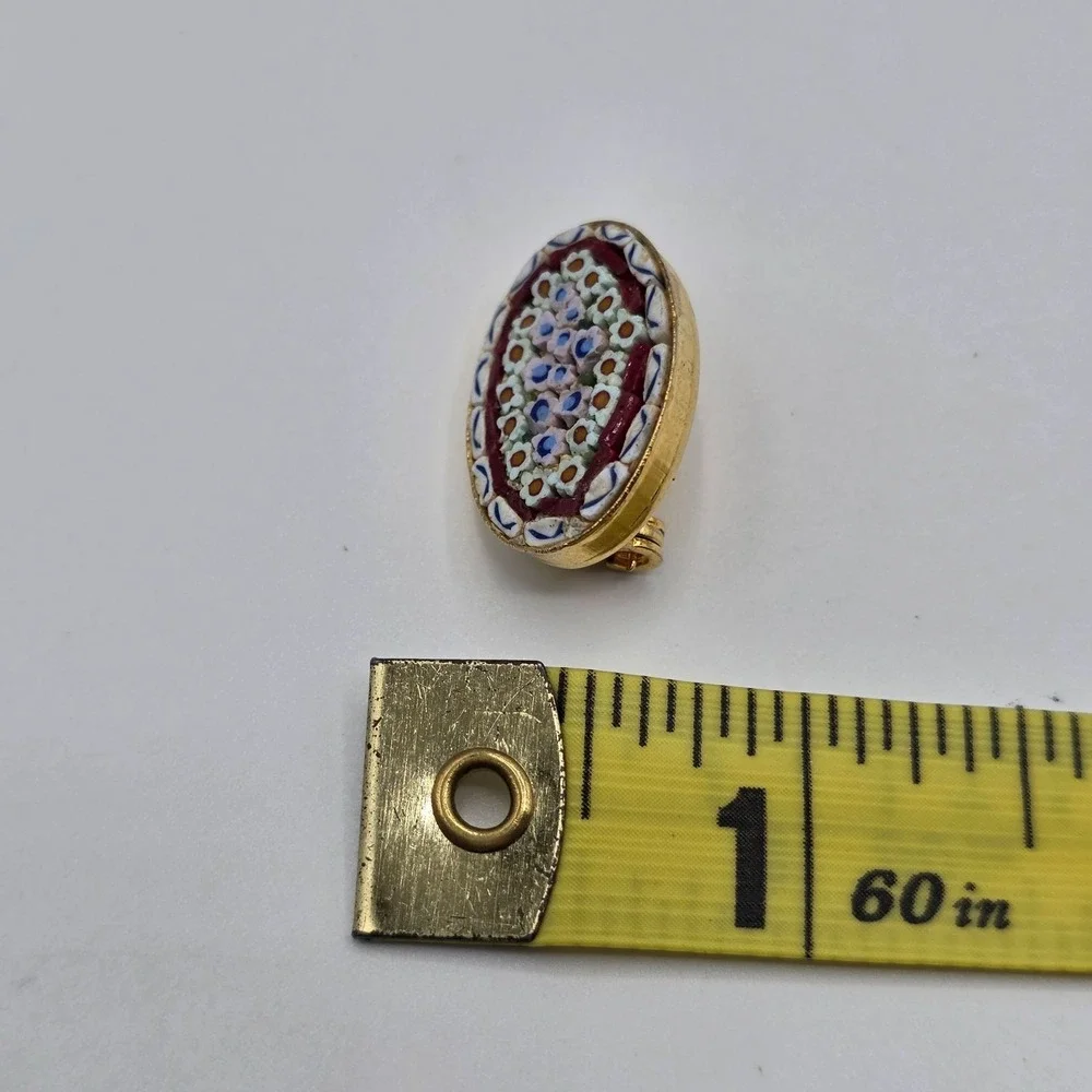 Vintage Micro Mosaic Oval Brooch Floral Design Gold‎ Tone ITALY Pin Jewerly